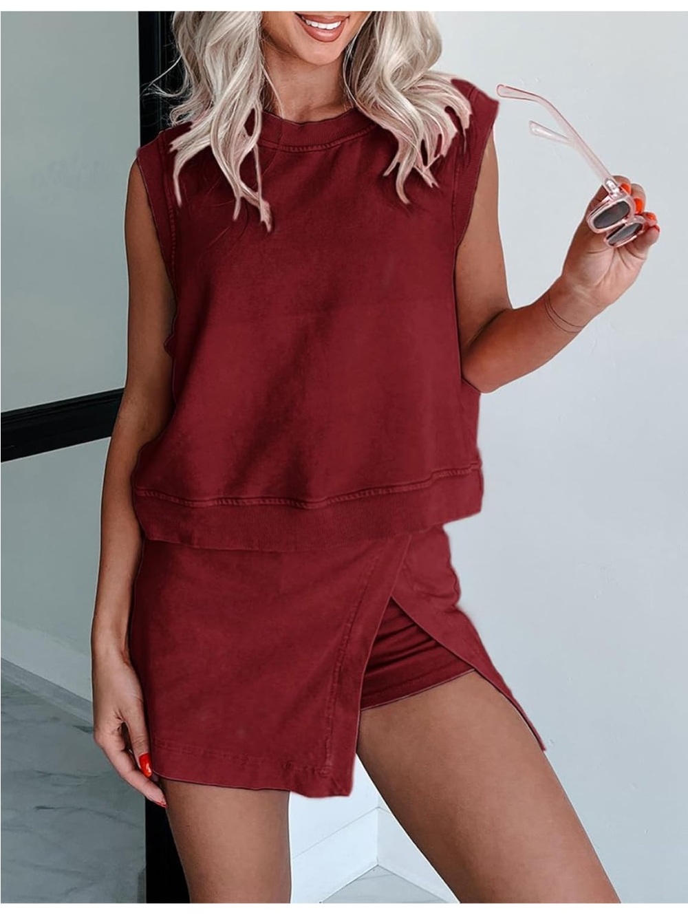 Sleeveless Wrap Skirt Set in Wine Red